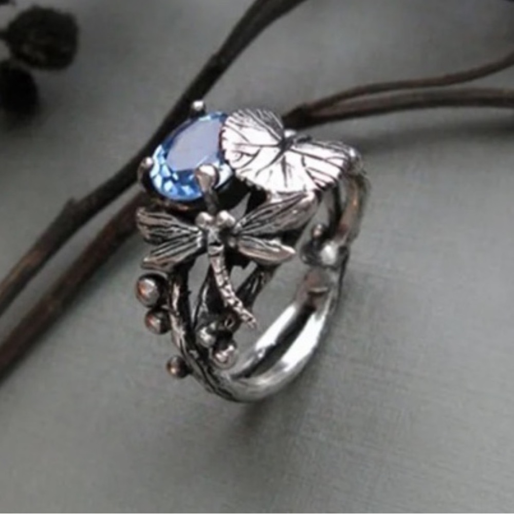Silver 2.5CT Aquamarine Oval Gem Dragonfly Flower Ring